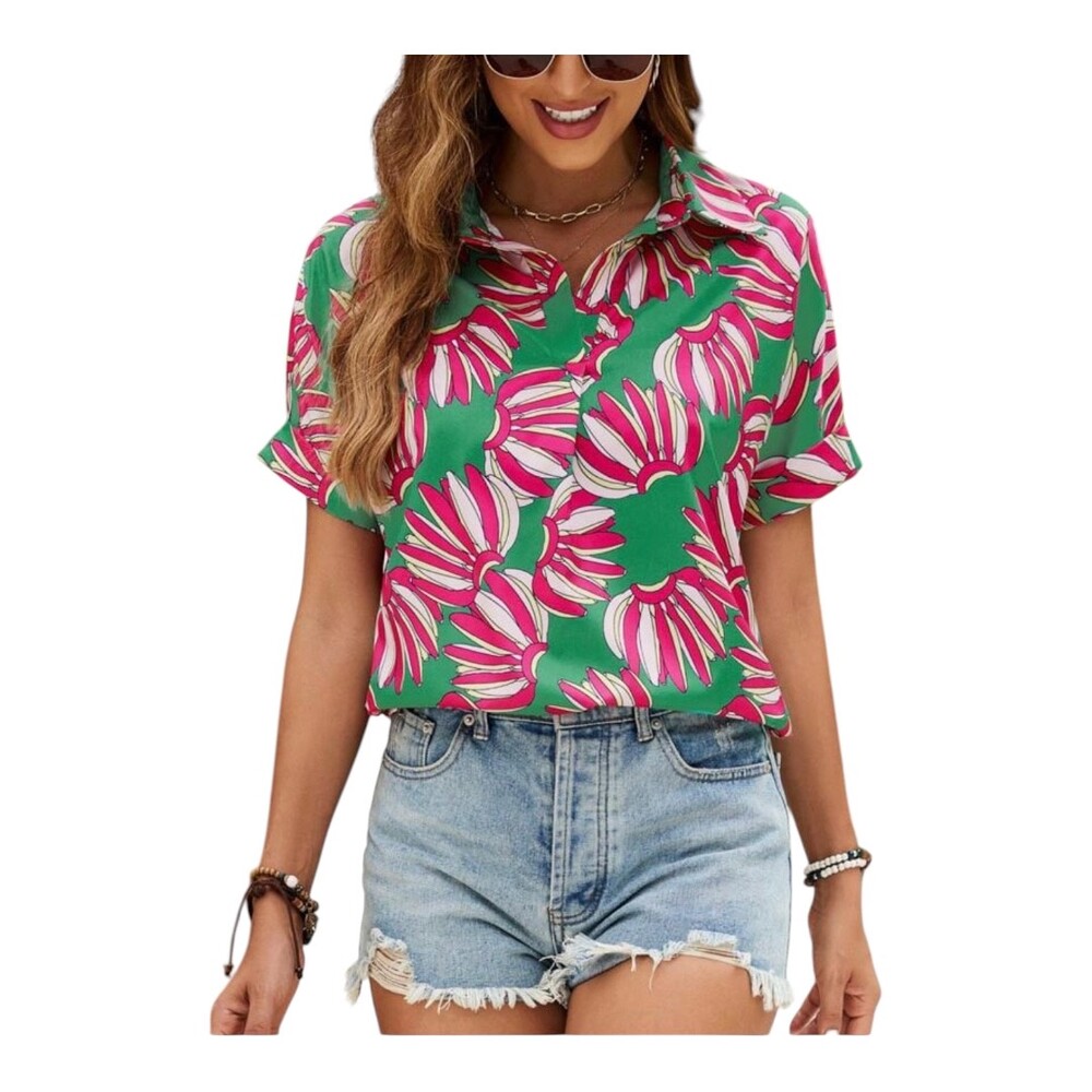 Hudson Gray Green Pink Banana Print Short‎ Sleeve Boxy Fit Floral Shirt Small